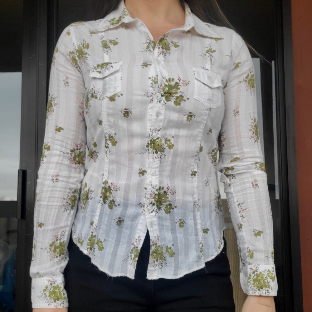Long Sleeve Button Up Opaque Floral